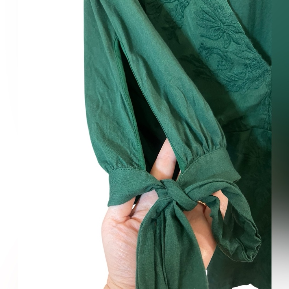 Anthropologie Tiny forest green blouse deep vee shoulder lace details holiday L - Picture 6 of 8